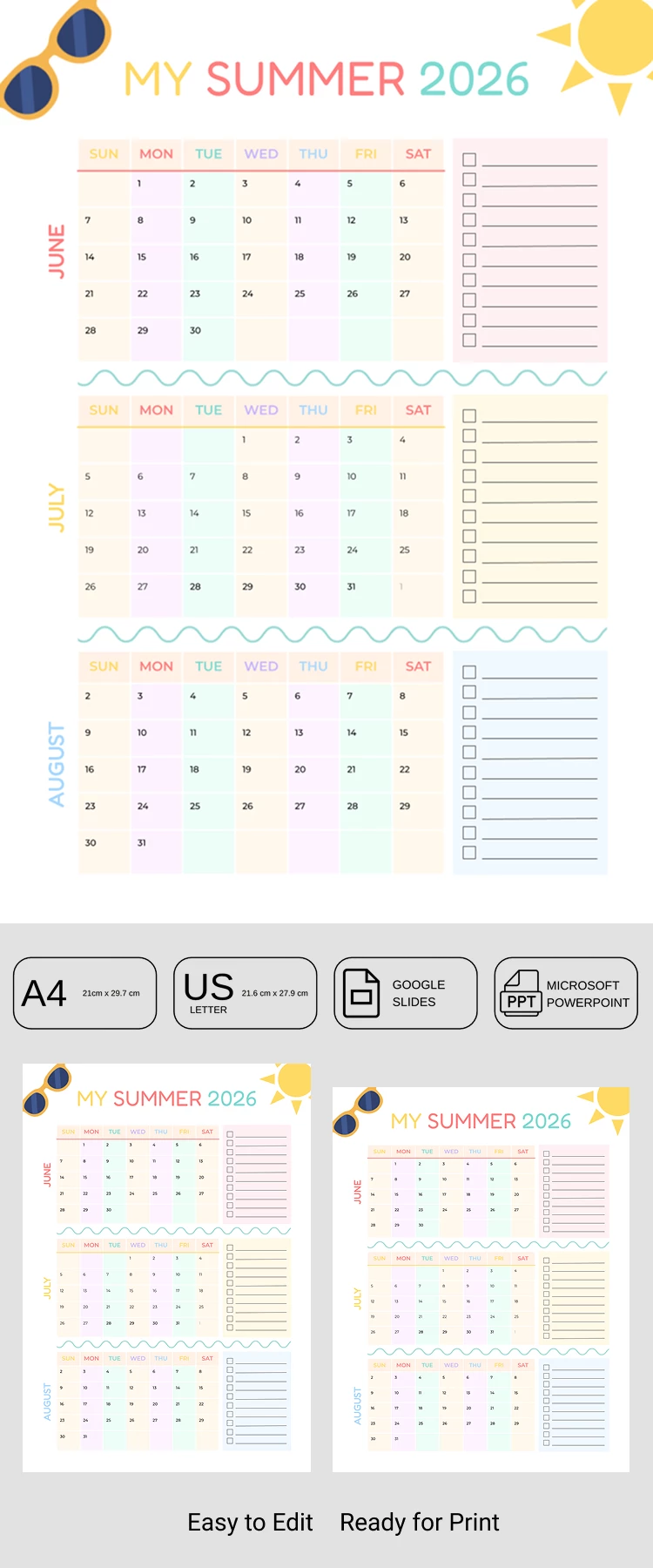 Preview of Printable Kids Summer Calendar Template for Google Slides and Microsoft PowerPoint