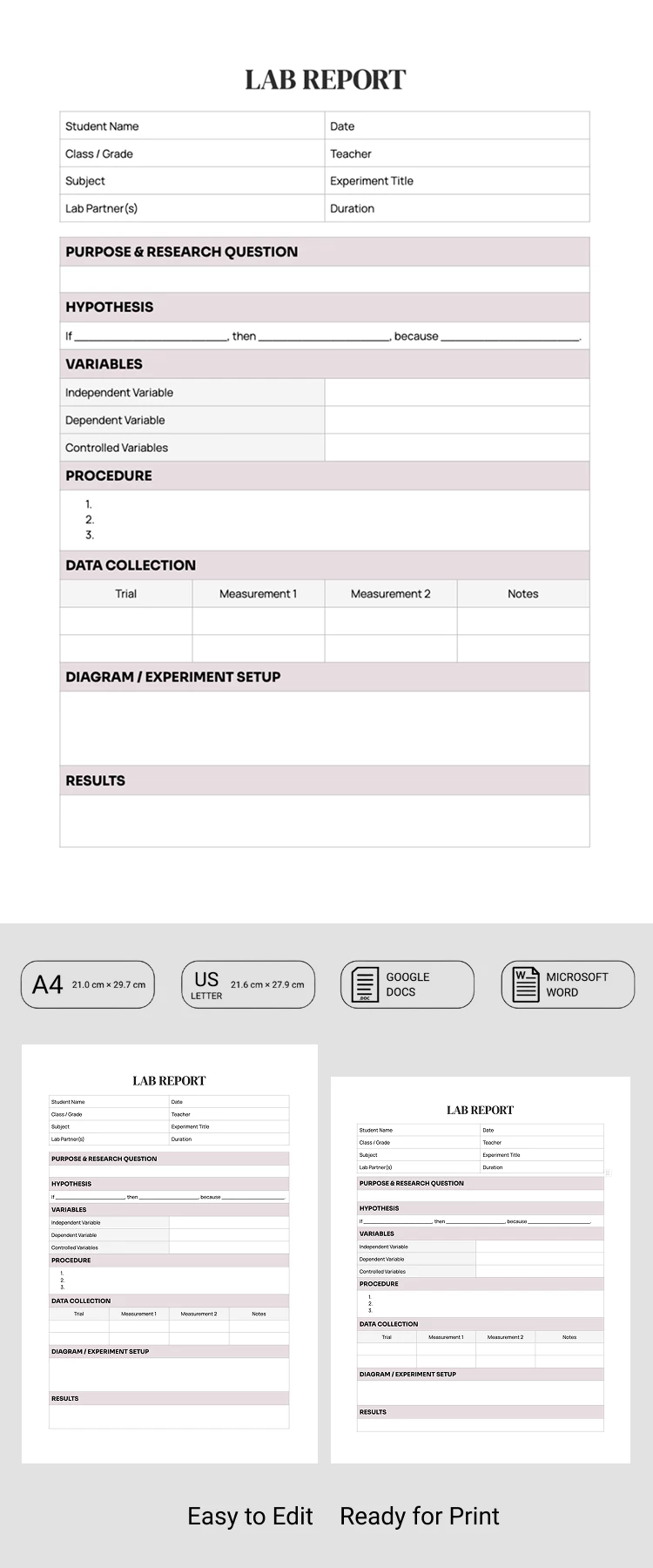 Preview of Printable Lab Report Template for Google Docs and Microsoft Word