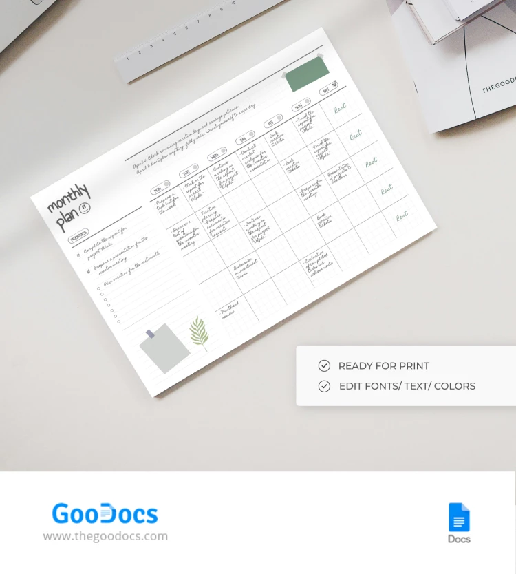 Planificador Mensual sin fecha - free Google Docs Template - 10068546