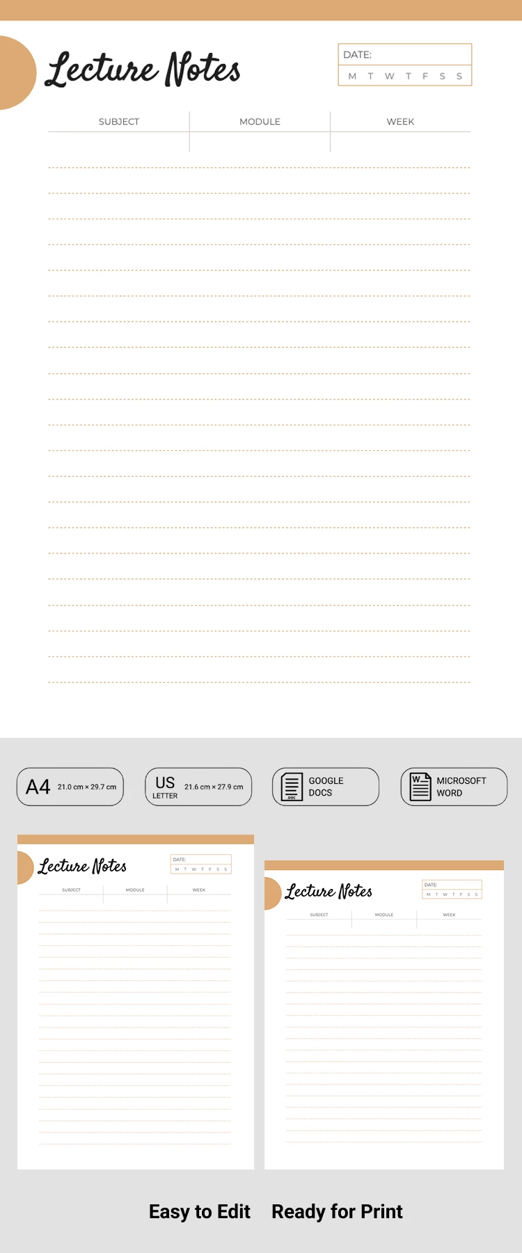 Preview of Printable Lecture Notes Template for Google Docs and Microsoft Word