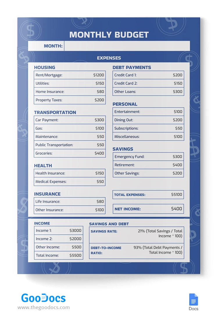 Printable Monthly Budget - free Google Docs Template - 10067692