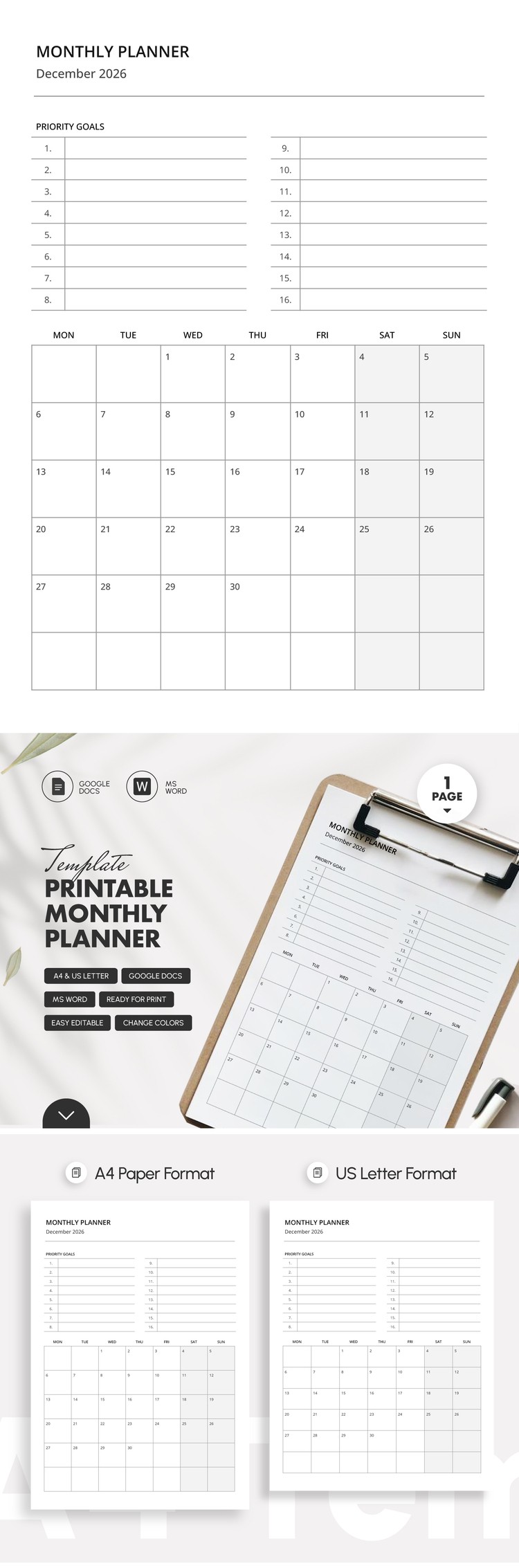 Free Printable Monthly Planner Template for Goals Template | thegoodocs.com