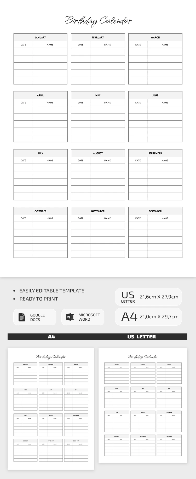 Printable Simple Office Birthday Calendar Template - free Google Docs Template - 10072552