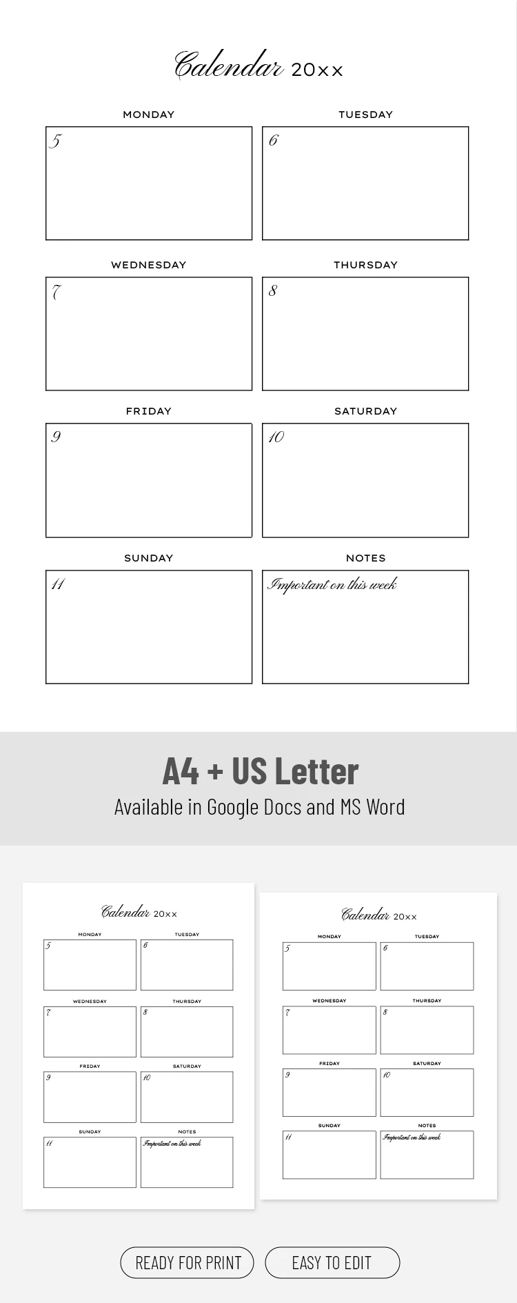 Printable One Week Calendar Template - free Google Docs Template - 10072695
