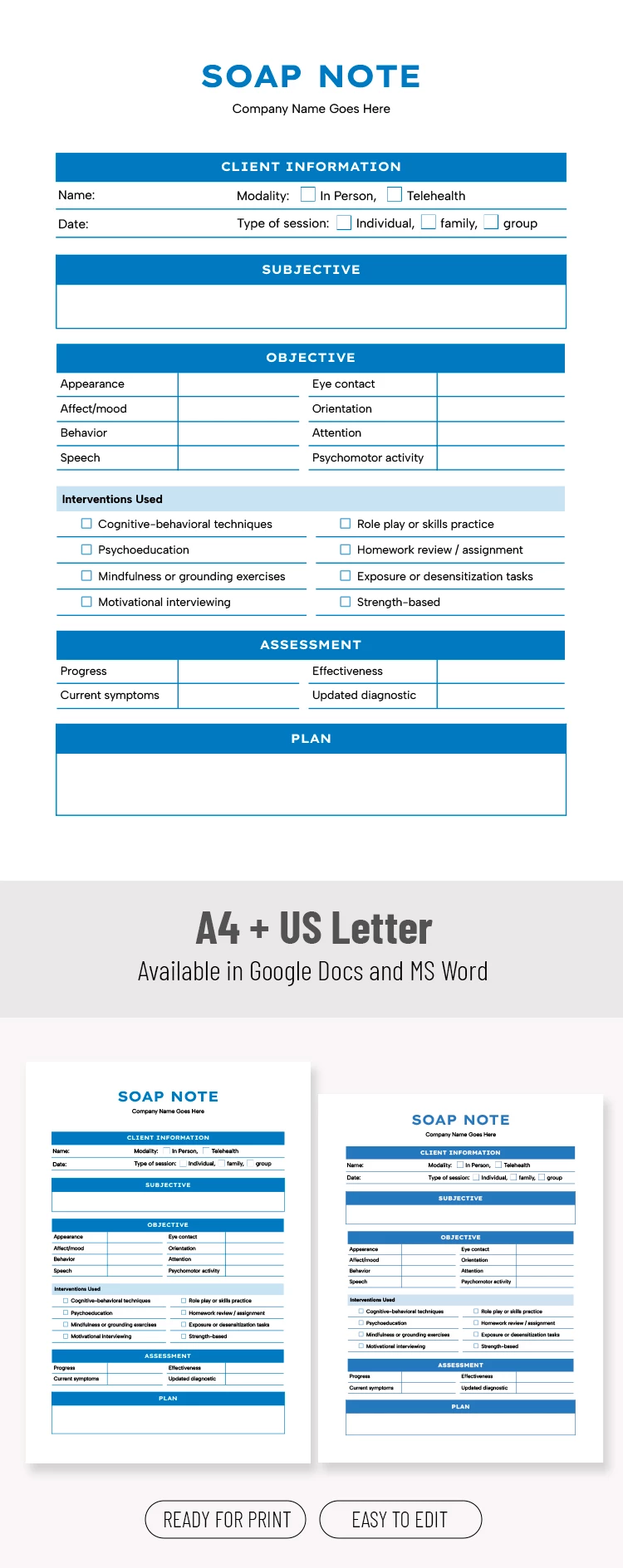 Modèle de note SOAP imprimable pour les séances de thérapie - free Google Docs Template - 10072015