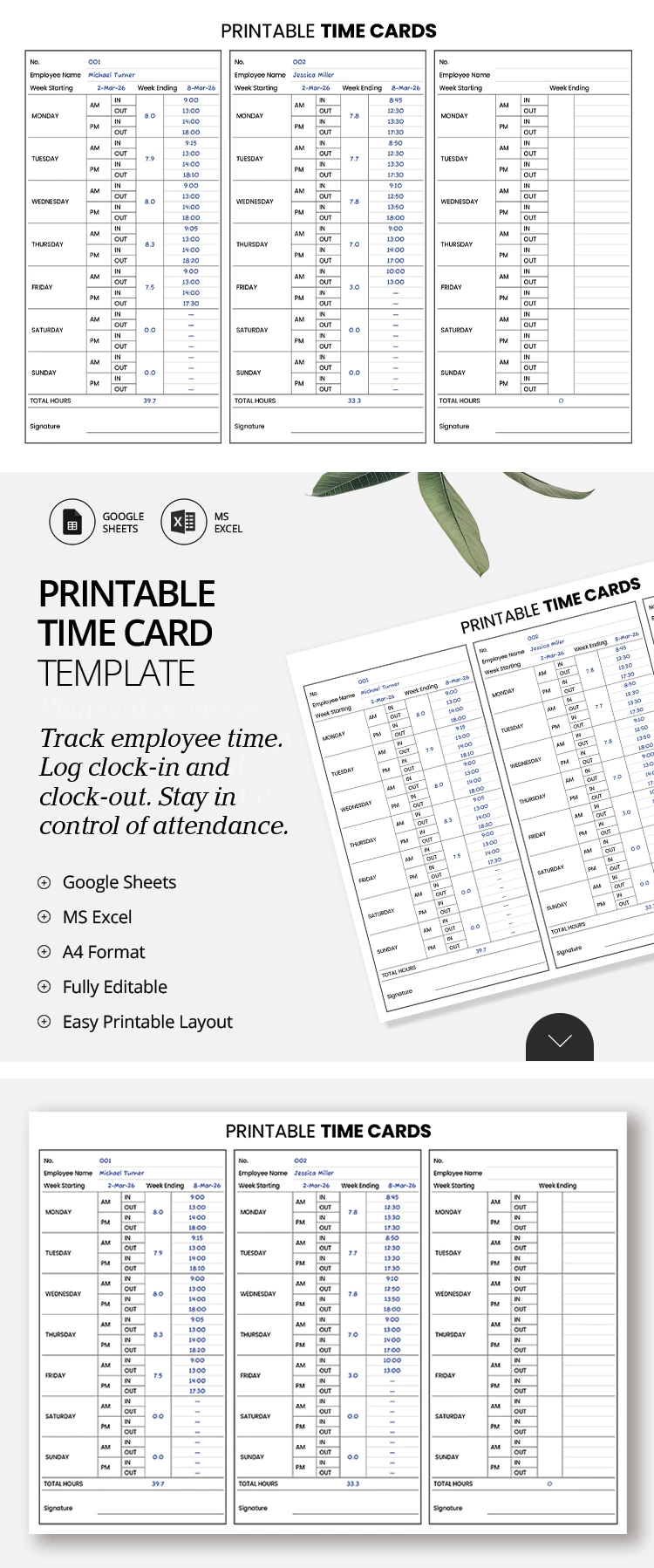 Preview of Printable Time Card Template for Google Sheets and Microsoft Excel