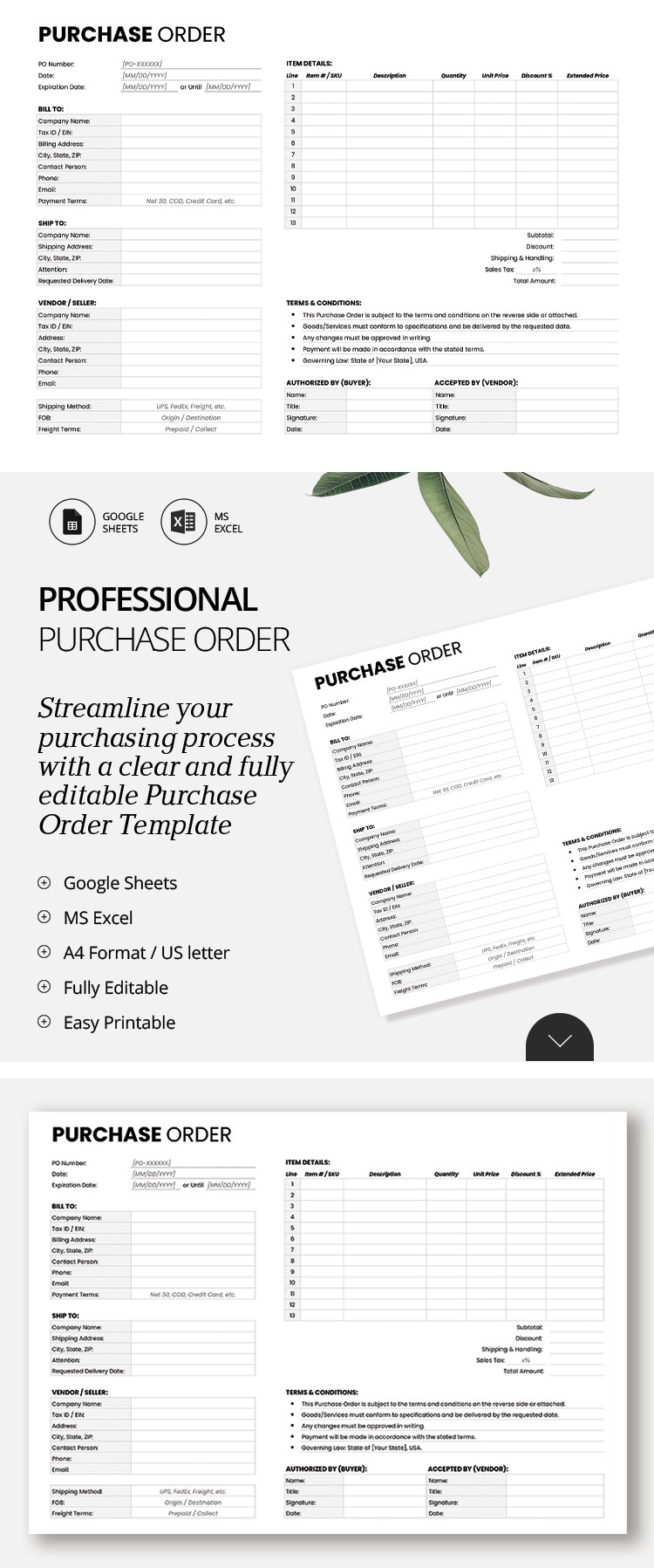 Gratis Plantilla de Orden de Compra Profesional en Google Sheets
