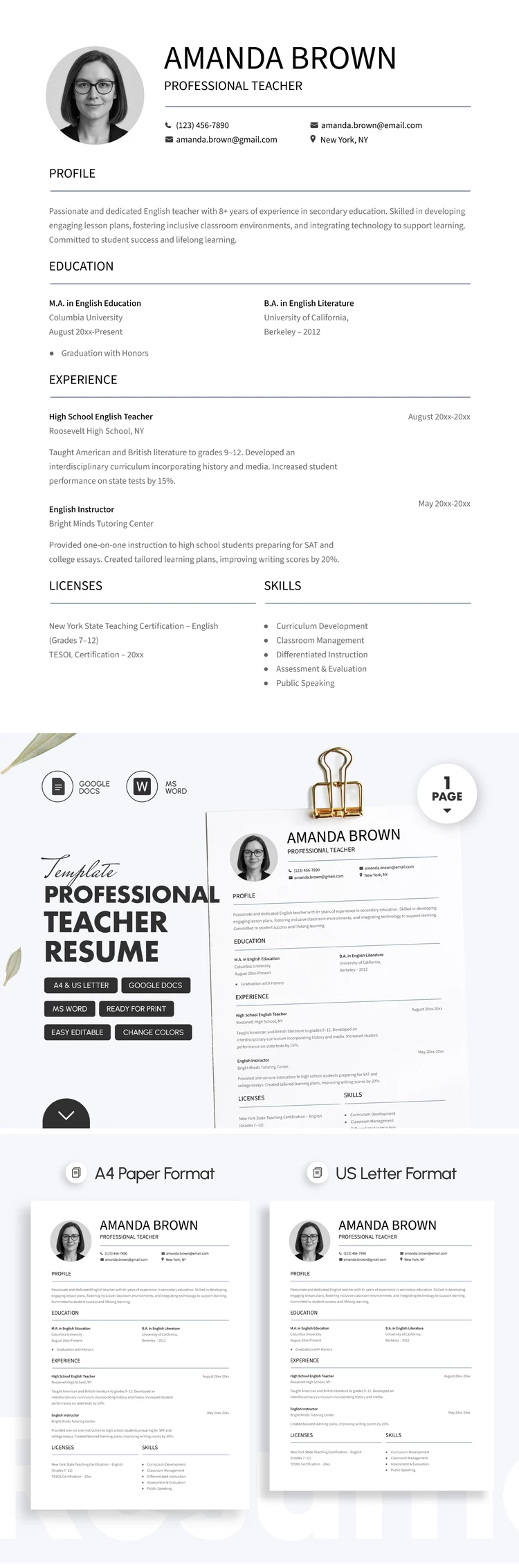 Professional Teacher Resume Template For Job Applications - free Google Docs Template - 10071326