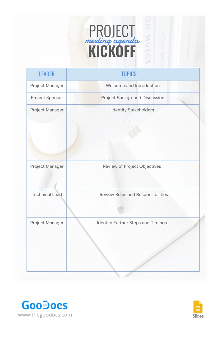 Agenda della riunione di avvio del progetto - free Google Docs Template - 10067813