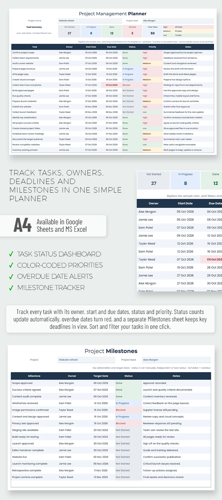 Preview of Project Management Planner for Google Sheets and Microsoft Excel
