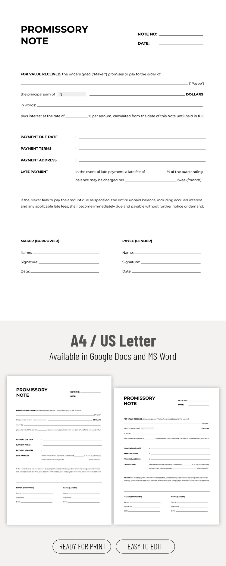 Preview of Promissory Note Template for Google Docs and Microsoft Word
