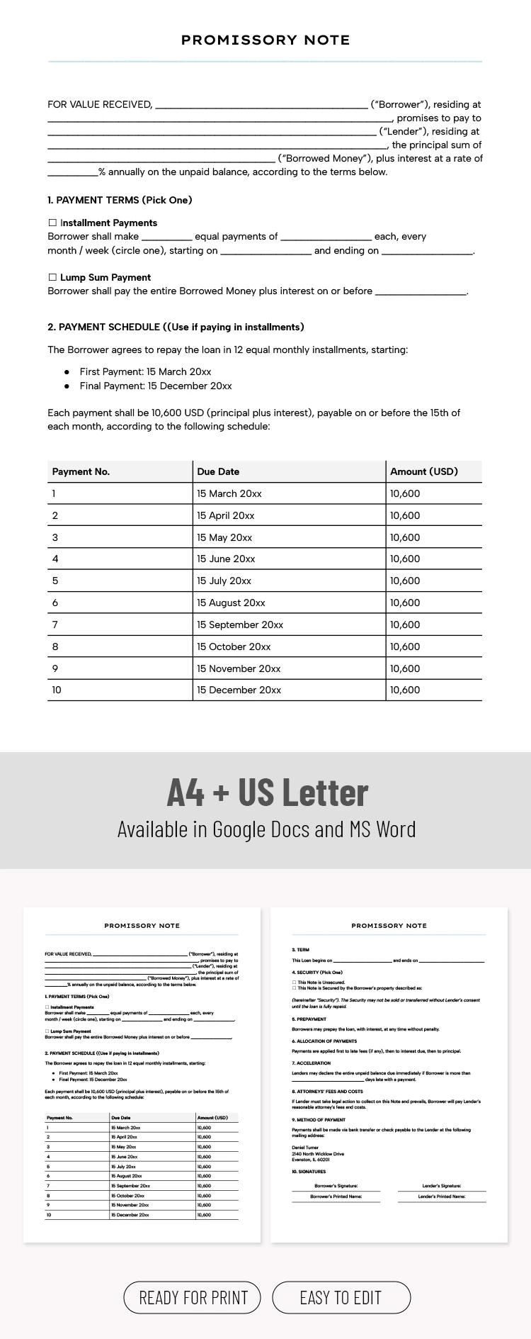 Promissory Note Template with Payment Schedule - free Google Docs Template - 10072146