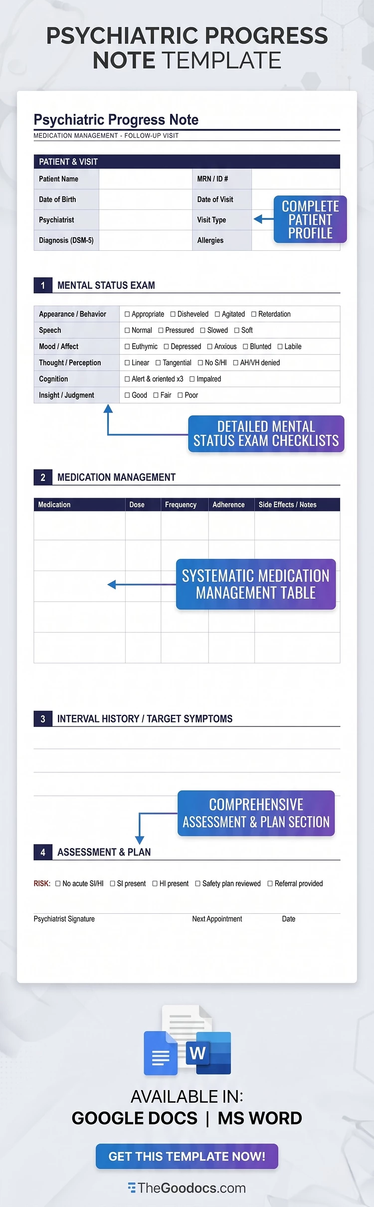 Preview of Psychiatric Progress Note Template for Google Docs and Microsoft Word