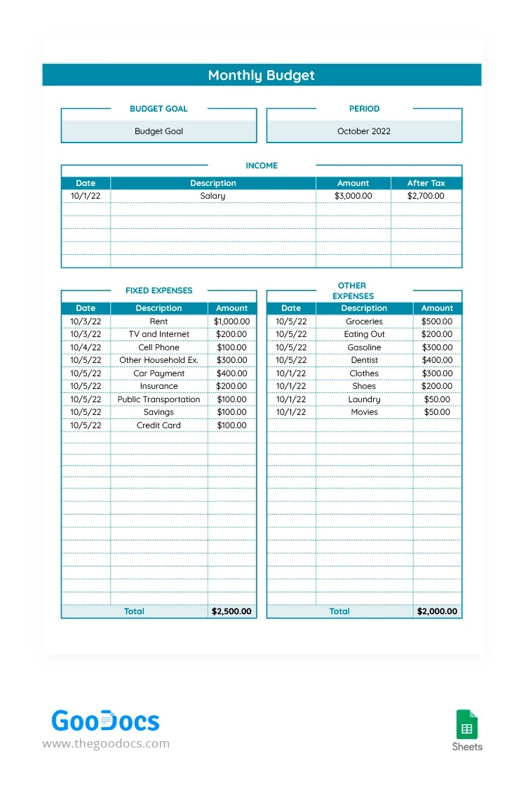 Pure Blue Monthly Budget - free Google Docs Template - 10063472