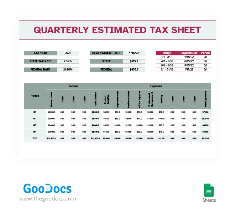 Pure Quarterly Estimated Tax Sheet - free Google Docs Template - 10063881