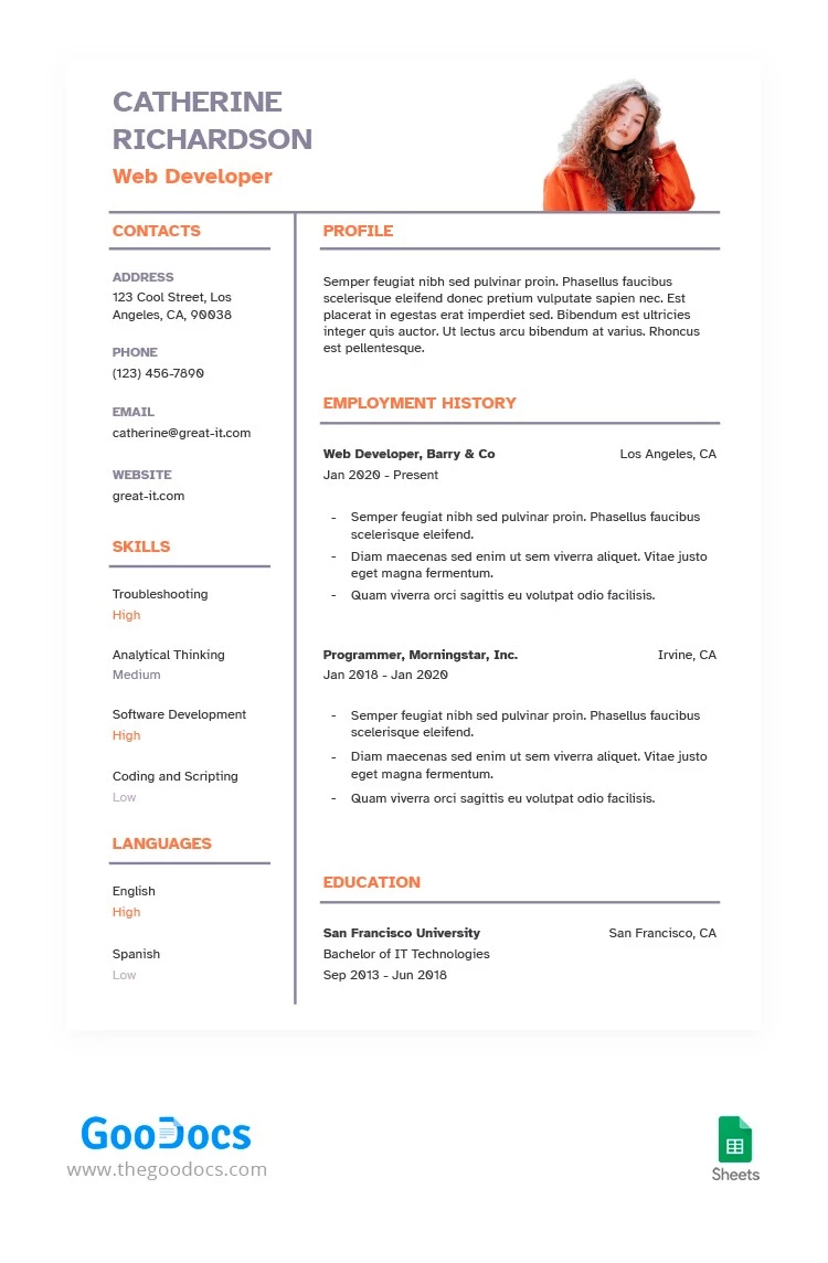 CV de développeur Web pur - free Google Docs Template - 10064306