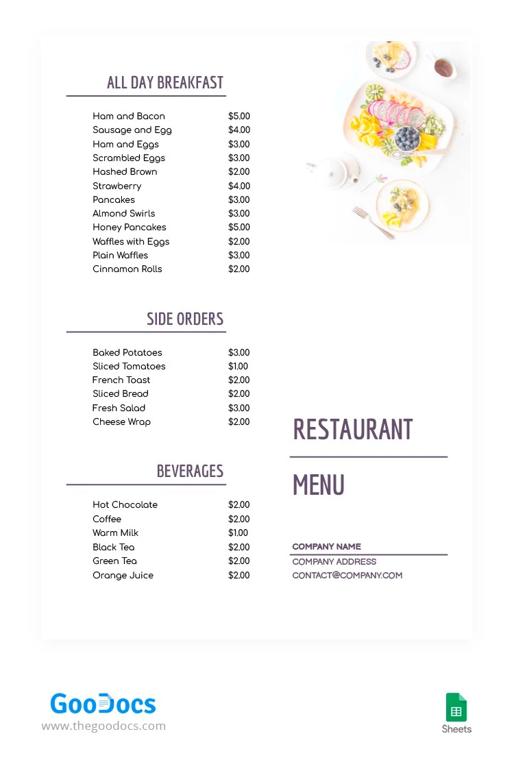 Menu du restaurant Pure White - free Google Docs Template - 10063374