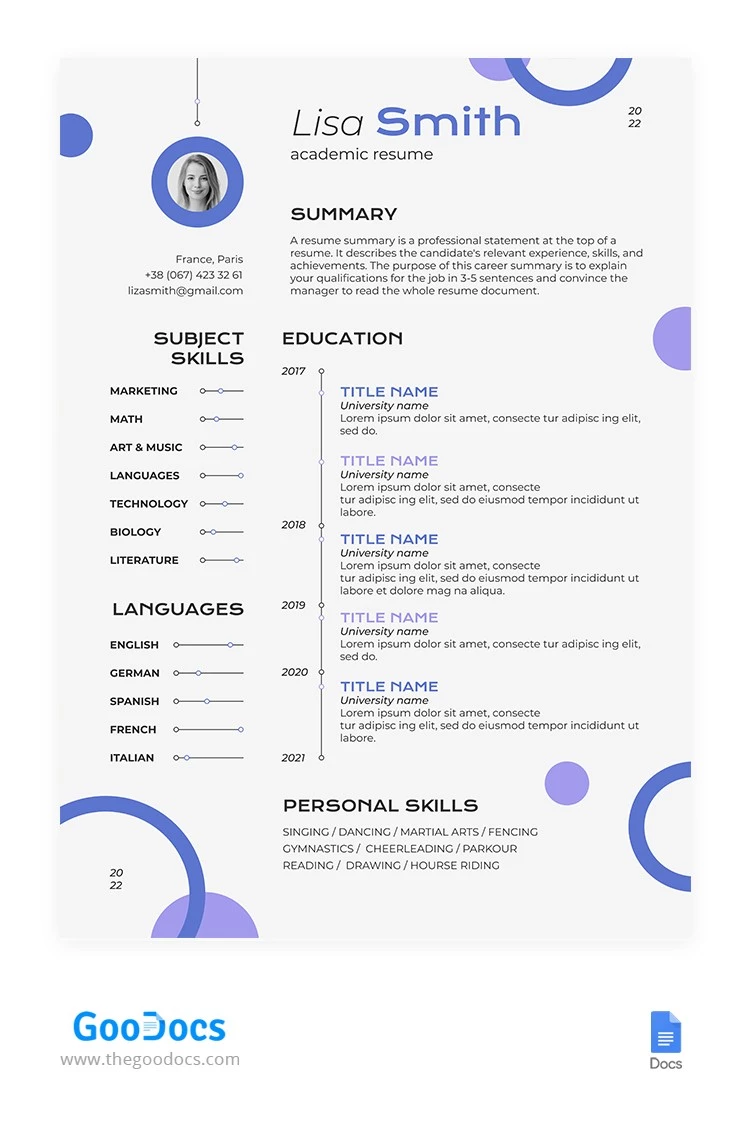 CV académico púrpura - free Google Docs Template - 10064750