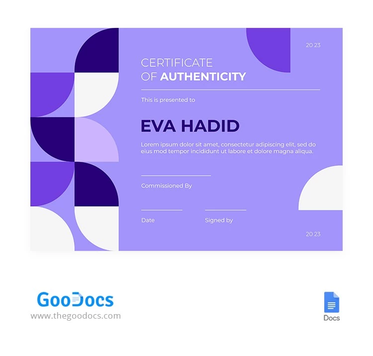 Certificato di autenticità viola - free Google Docs Template - 10066127