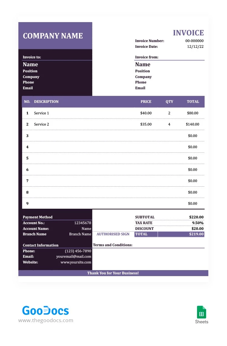 Facture d'entreprise violette - free Google Docs Template - 10062681