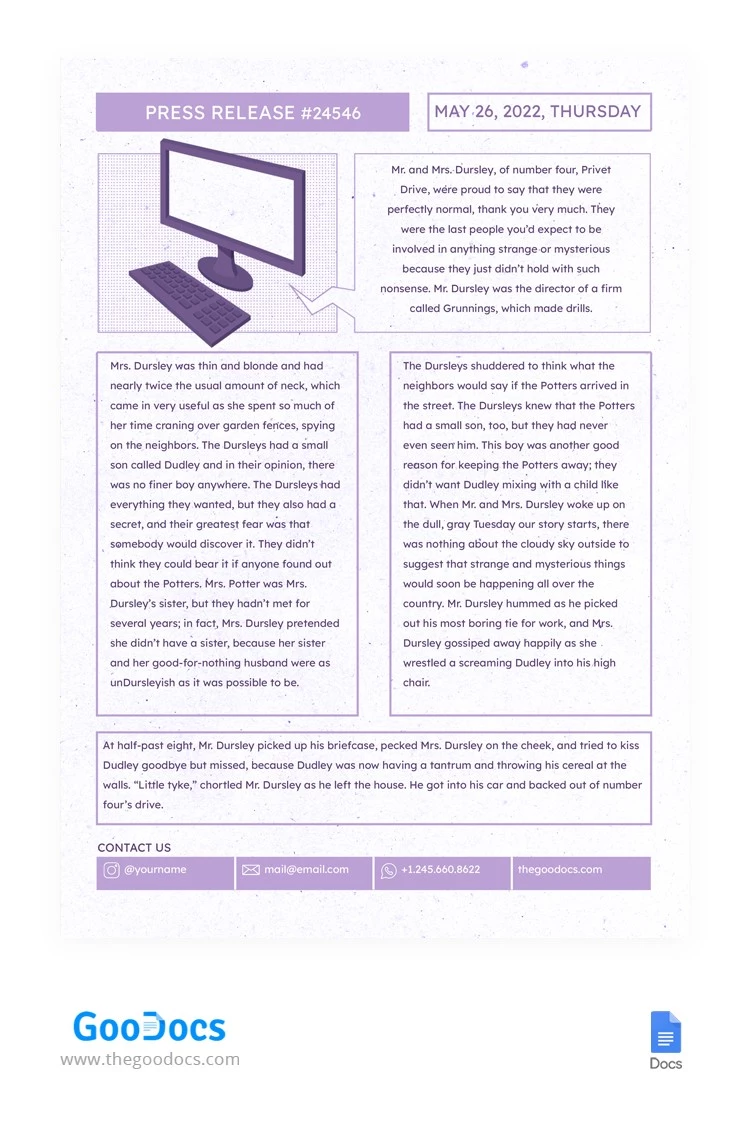 Purple Comix Press Release

Comunicado de Imprensa Purple Comix - free Google Docs Template - 10063446