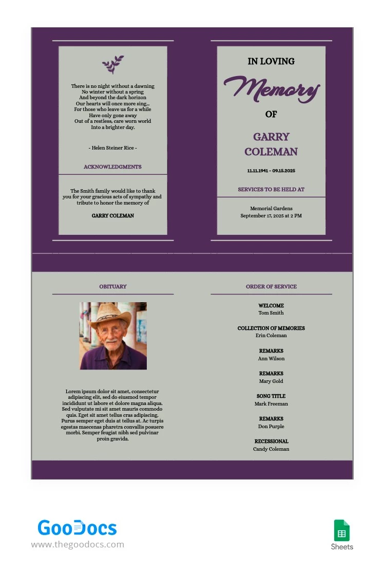 Programme funéraire violet - free Google Docs Template - 10063185