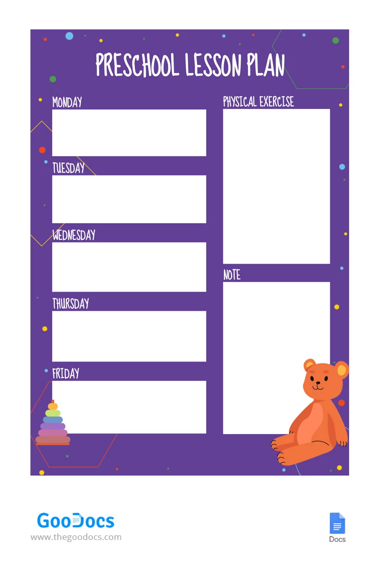Plan de lecciones divertido de preescolar de color morado. - free Google Docs Template - 10066359