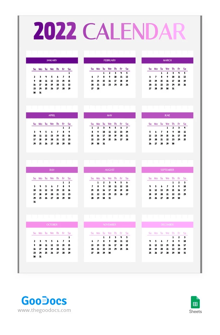 Calendario anual degradado morado - free Google Docs Template - 10063316