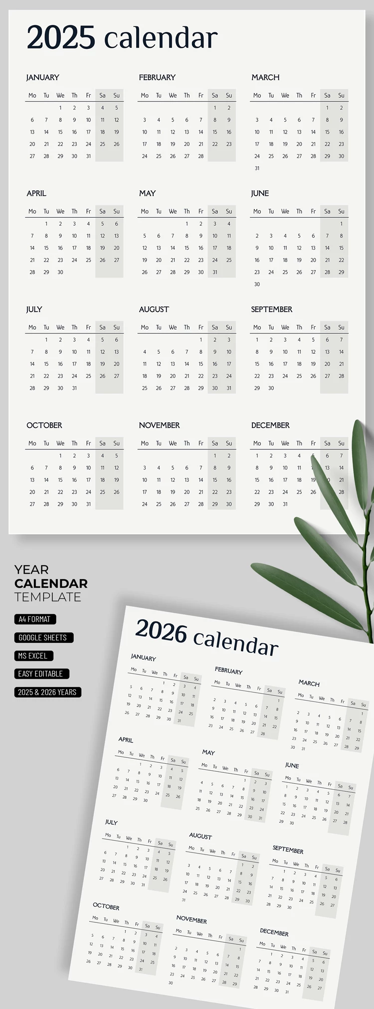 2025-2026 Calendário Ano Minimalista - free Google Docs Template - 10063316