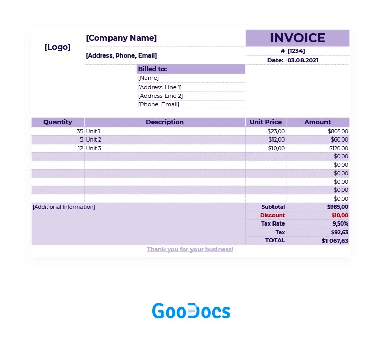 Facture violette - free Google Docs Template - 10061952