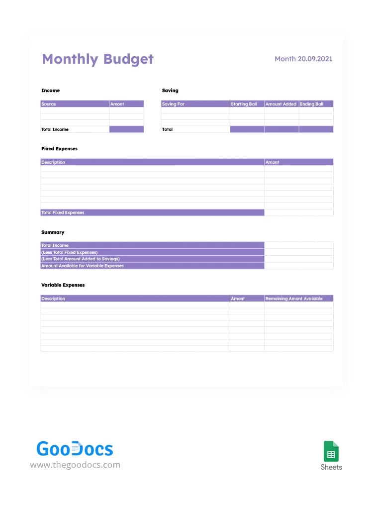 Presupuesto mensual morado - free Google Docs Template - 10062709