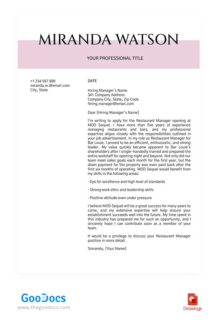 Pink Simple Cover Letter - free Google Docs Template - 10062425