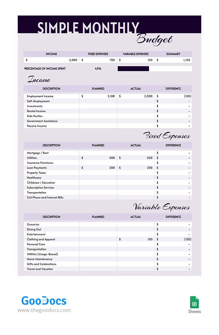 Purple Simple Monthly Budget - free Google Docs Template - 10067927