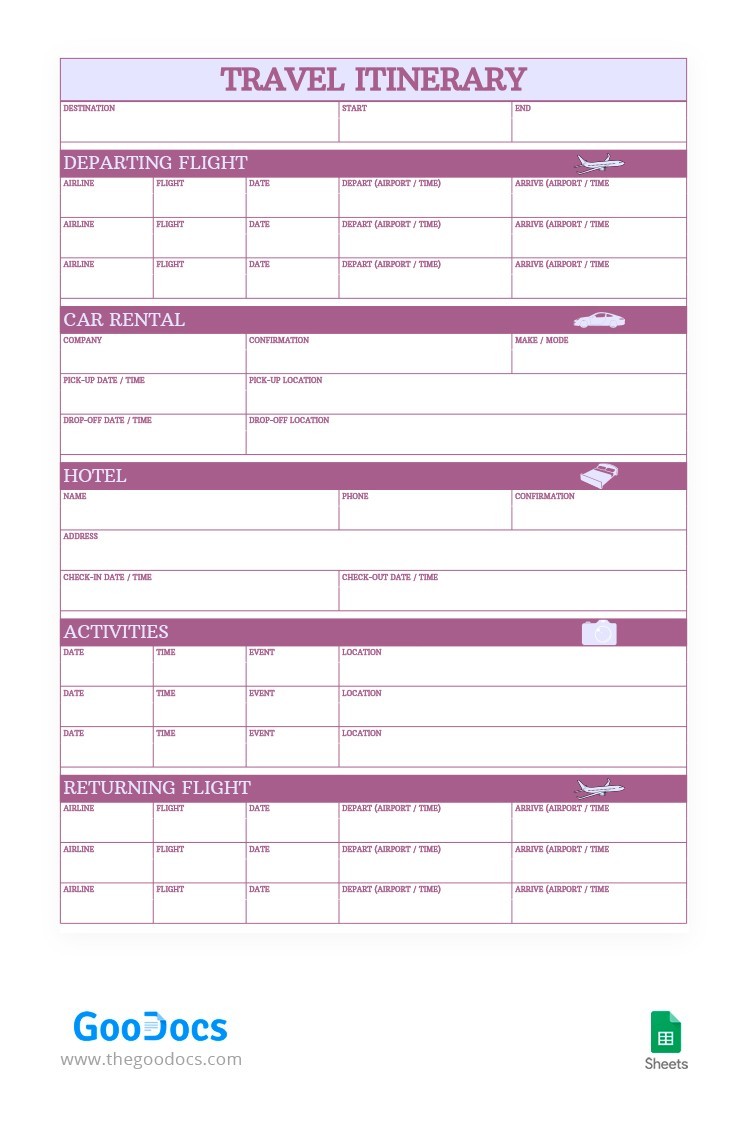 Travel Itinerary Template Google Sheets