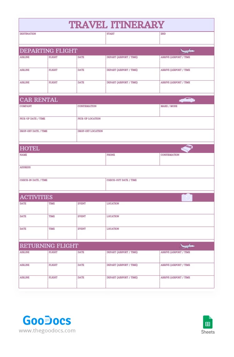 Itinerário de Viagem Roxo - free Google Docs Template - 10062181