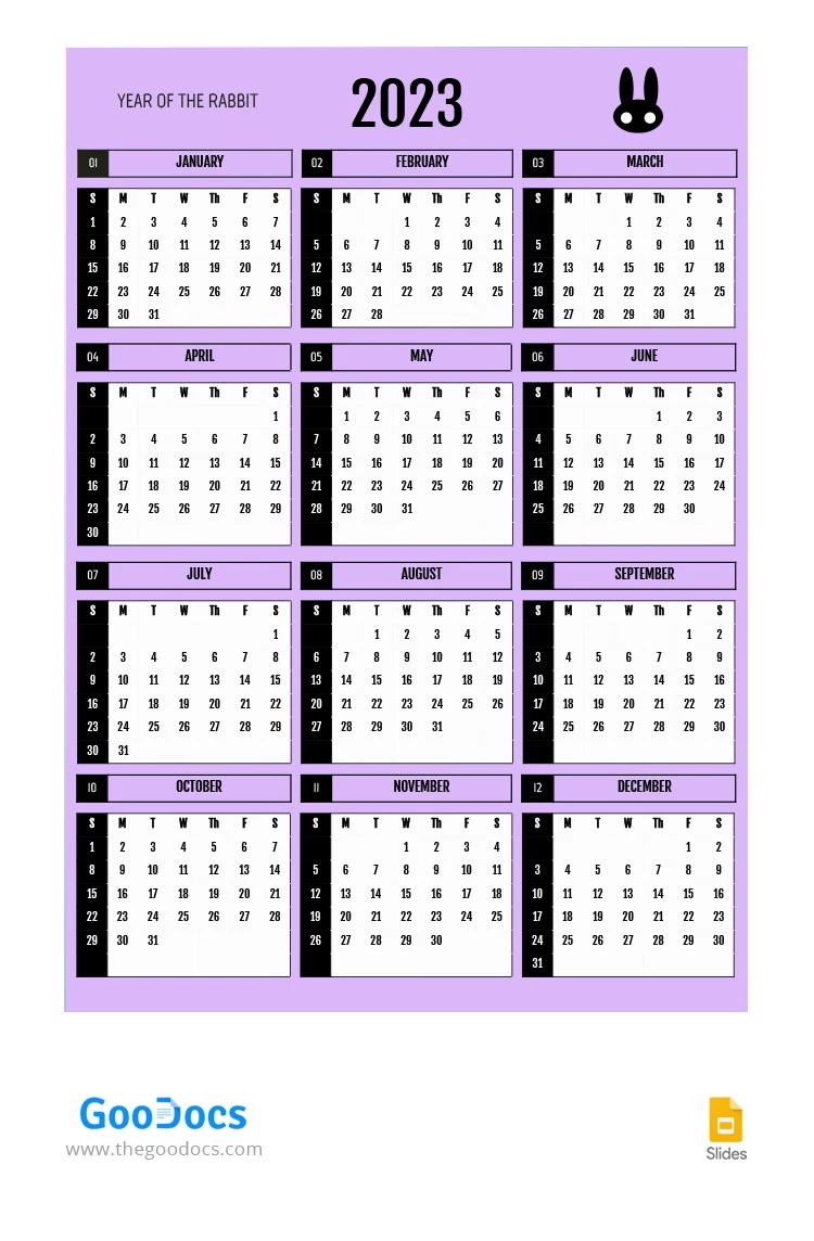 Calendrier annuel violet 2023 - free Google Docs Template - 10065040