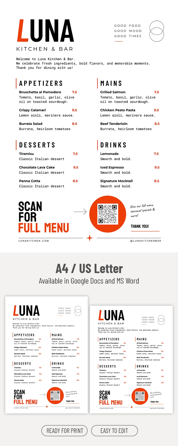 Preview of QR Code Restaurant Menu Template for Google Docs and Microsoft Word