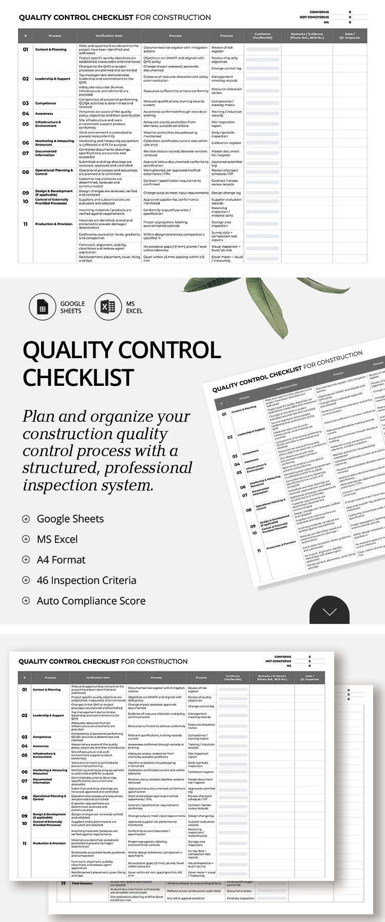 Preview of Quality Control Checklist for Construction for Google Sheets and Microsoft Excel