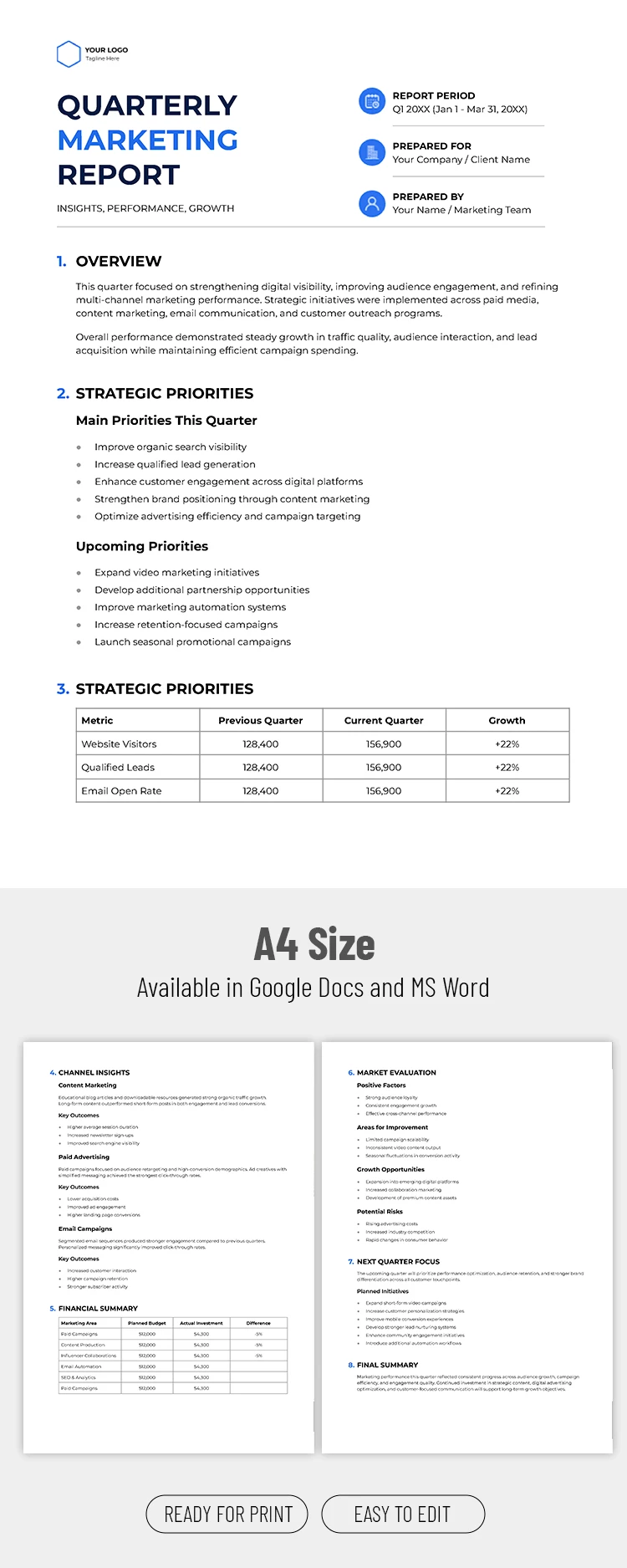 Preview of Quarterly Marketing Report Template for Google Docs and Microsoft Word