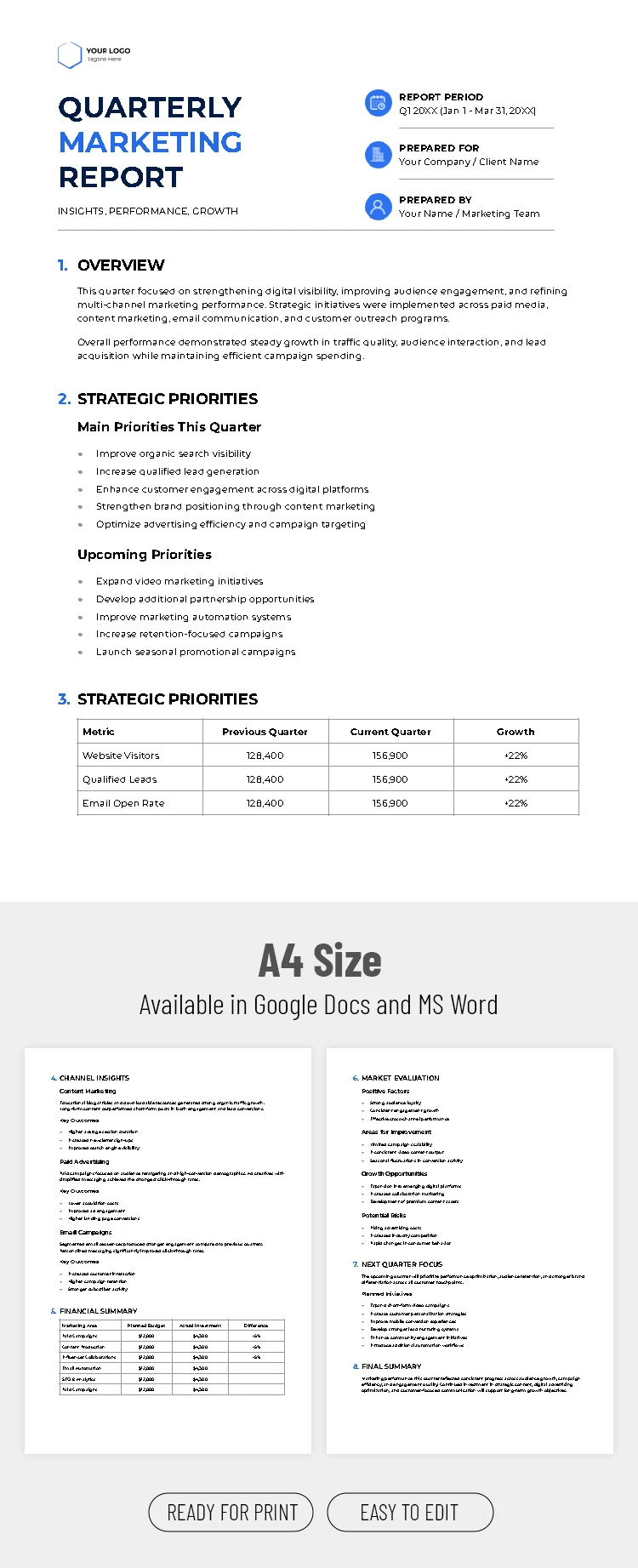 Preview of Quarterly Marketing Report Template for Google Docs and Microsoft Word