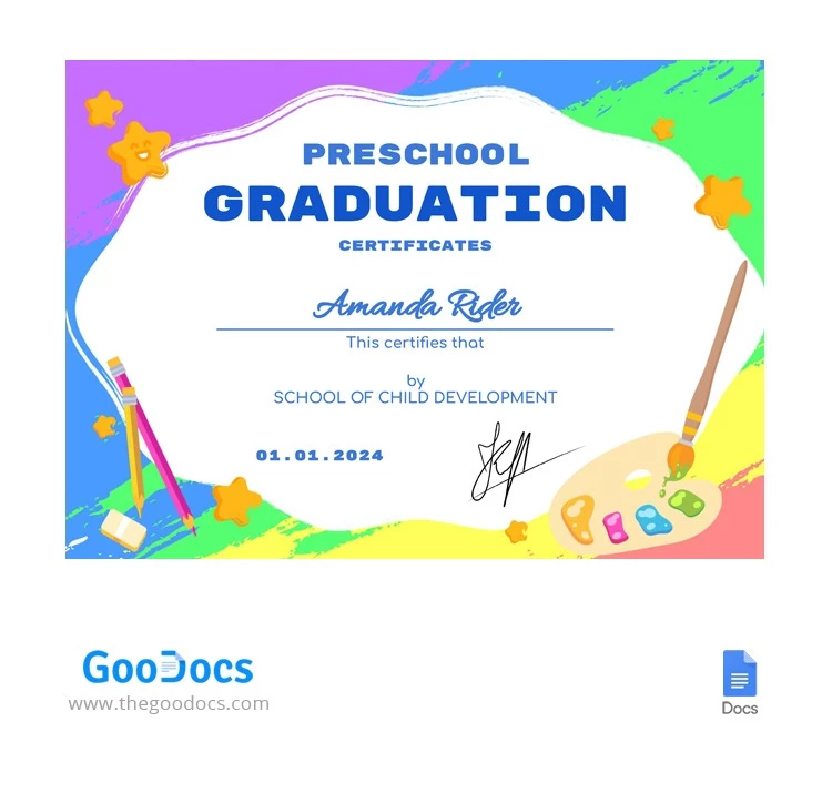 Certificados de Pré-Escola Arco-íris - free Google Docs Template - 10065128