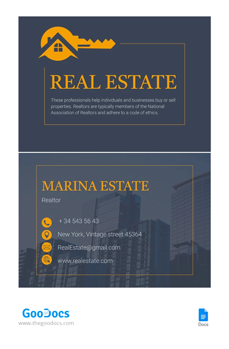 Tarjeta de presentación de bienes raíces. - free Google Docs Template - 10066992