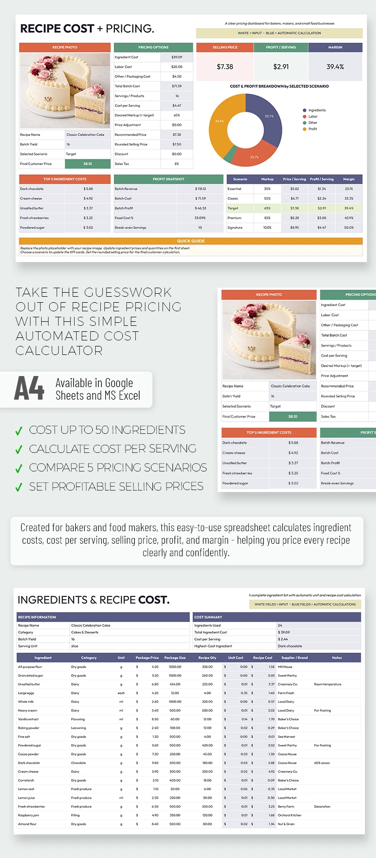 Preview of Recipe Cost Calculator for Google Sheets and Microsoft Excel