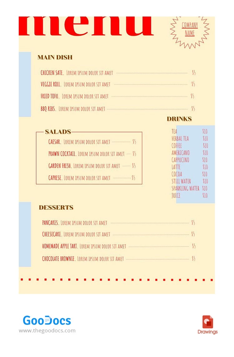 红蓝色餐厅菜单 - free Google Docs Template - 10062433