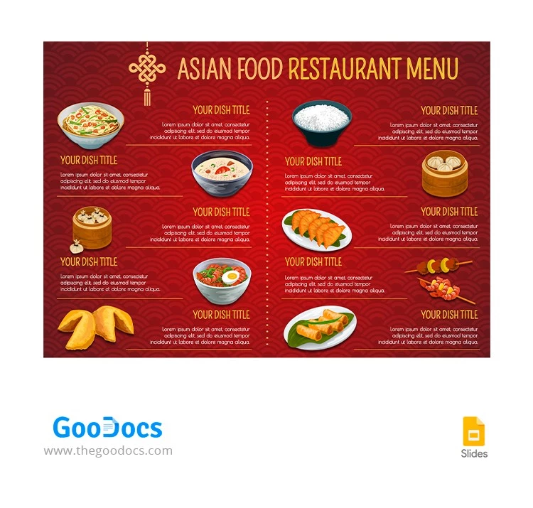 Menú del restaurante de comida asiática roja - free Google Docs Template - 10065876
