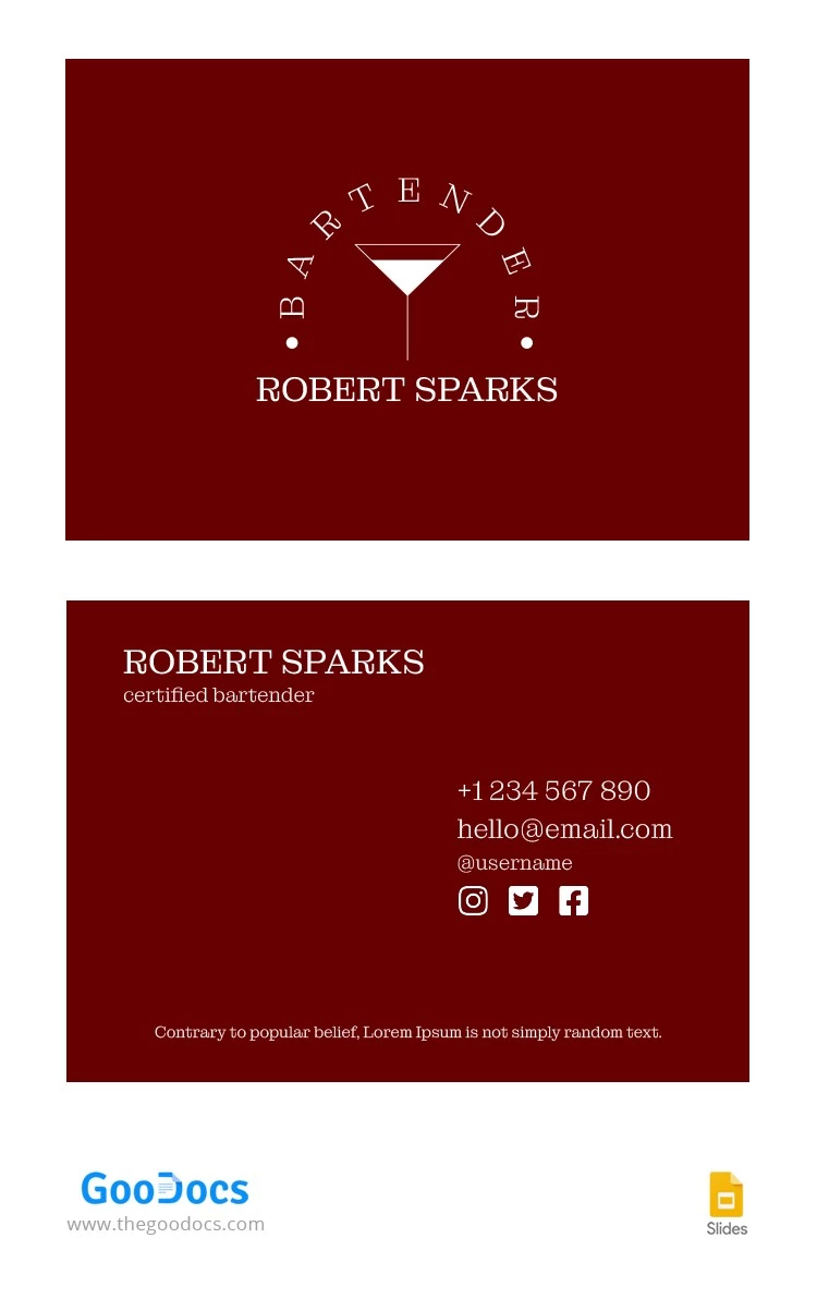 Red Bartender Business Card - free Google Docs Template - 10064838