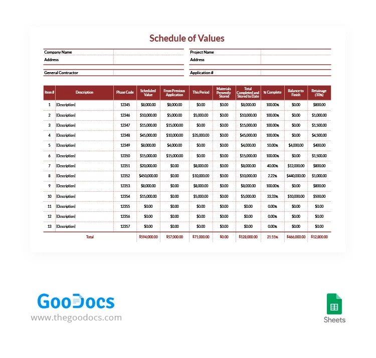 Red Schedule of Values - free Google Docs Template - 10062939