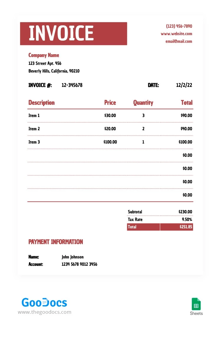 Red Simple Invoice - free Google Docs Template - 10062808