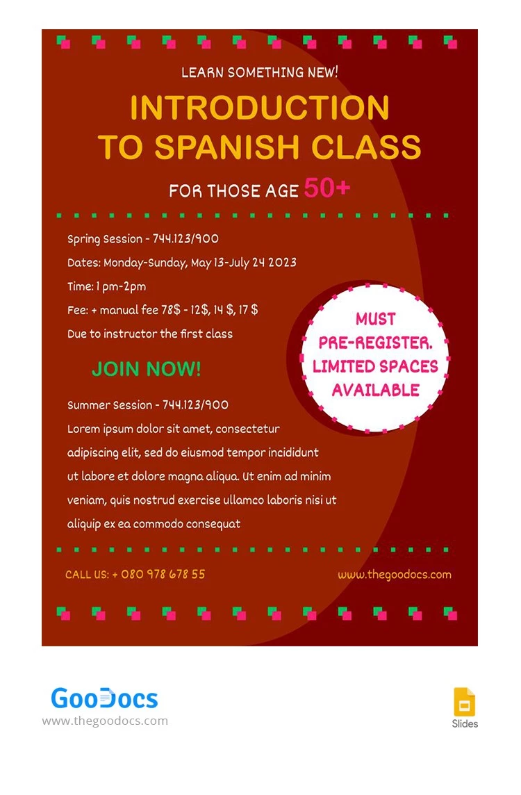 Panneau publicitaire rouge pour les cours d'espagnol - free Google Docs Template - 10065844