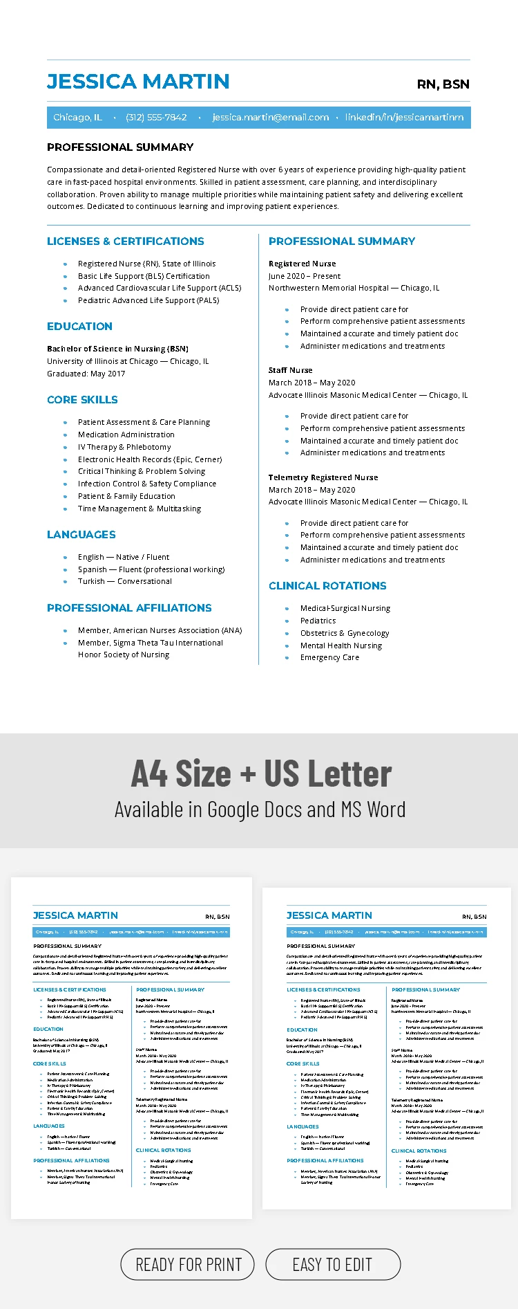 Preview of Registered Nurse Resume Template for Google Docs and Microsoft Word